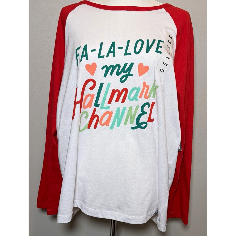 Hallmark Channel White Red Crew Neck Raglan Long Sleeve Graphic Tee Women L NWT